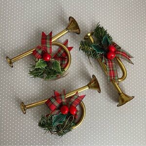 Festive Brass Holiday Horn Trumpet Decorations Vintage Lot of 3